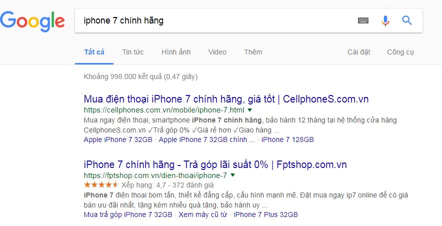 "Iphone 7 chính hãng" là cách SEO từ khóa rất hiệu quả cho sản phẩm iphone