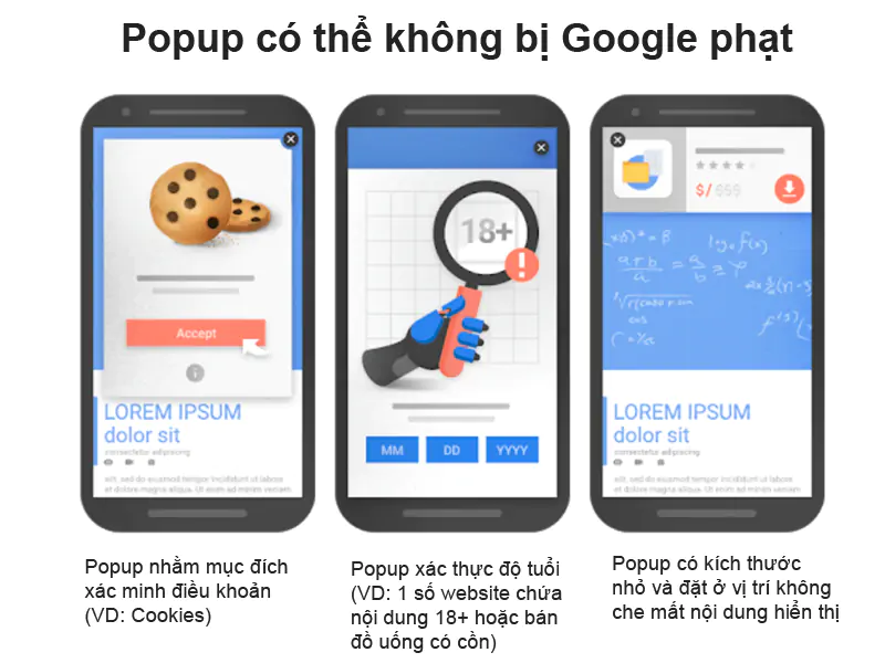 Các kiểu popup trên di động không bị Google phạt bằng thuật toán